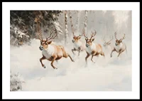 A poster that captures the majestic gallop of reindeer through a snow-covered forest-0