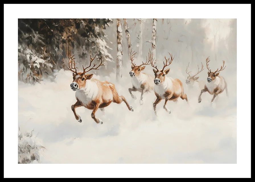 A poster that captures the majestic gallop of reindeer through a snow-covered forest-12