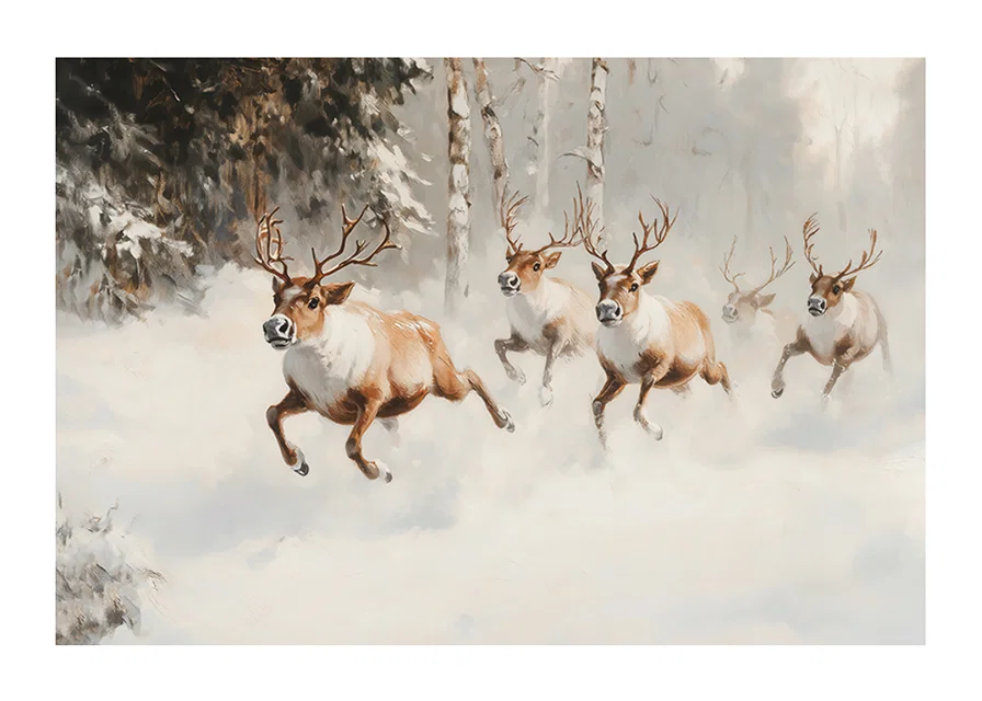 A poster that captures the majestic gallop of reindeer through a snow-covered forest-12