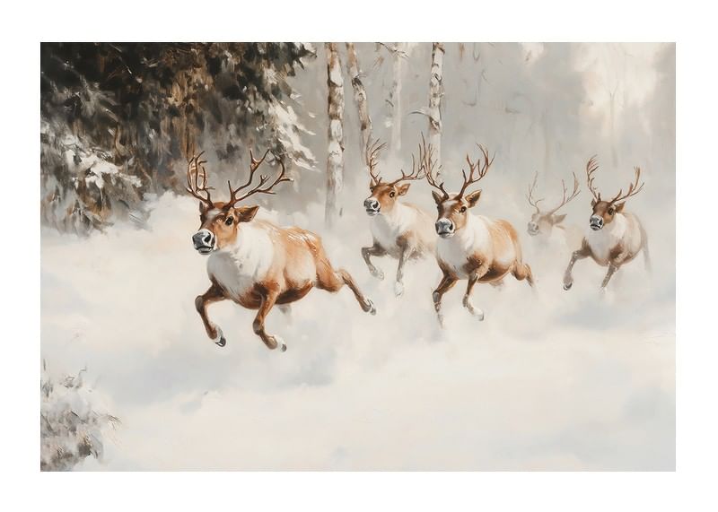 A poster that captures the majestic gallop of reindeer through a snow-covered forest-12