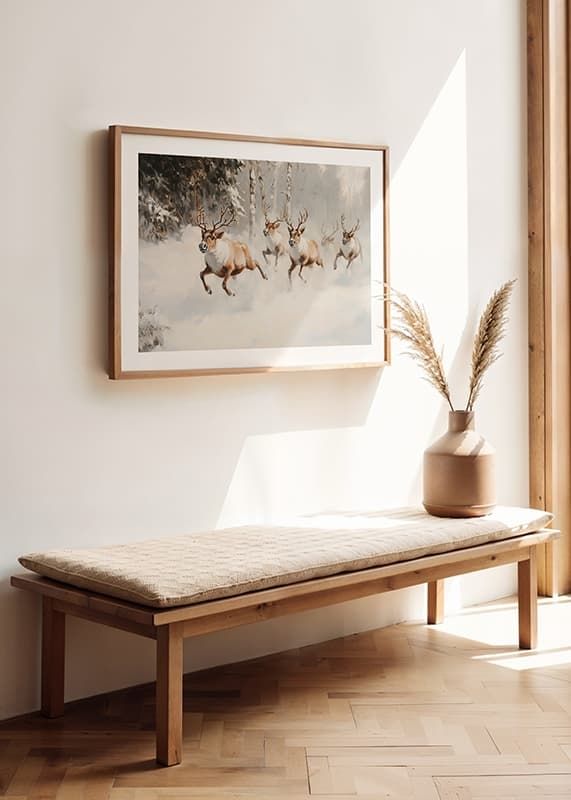 A poster that captures the majestic gallop of reindeer through a snow-covered forest-12