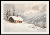 Juliste, joka vangitsee kodikkaan mökin rauhallisessa, lumen peittämässä vuoristomaisemassa-2