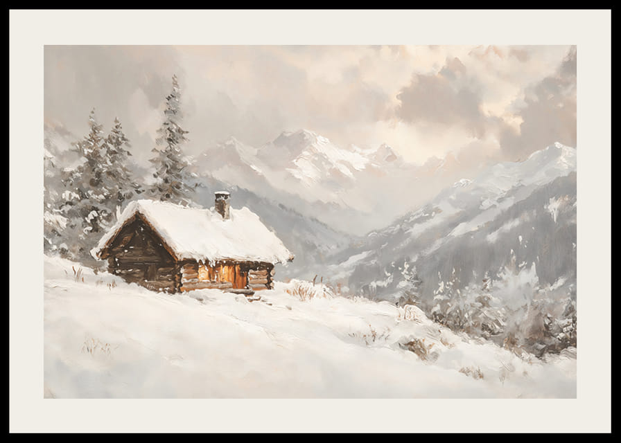 Juliste, joka vangitsee kodikkaan mökin rauhallisessa, lumen peittämässä vuoristomaisemassa-12