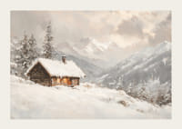 Juliste, joka vangitsee kodikkaan mökin rauhallisessa, lumen peittämässä vuoristomaisemassa-3
