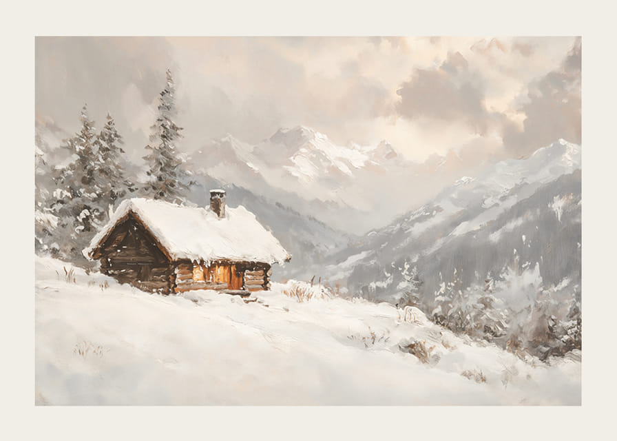 Juliste, joka vangitsee kodikkaan mökin rauhallisessa, lumen peittämässä vuoristomaisemassa-12
