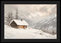 Juliste, joka vangitsee kodikkaan mökin rauhallisessa, lumen peittämässä vuoristomaisemassa-4