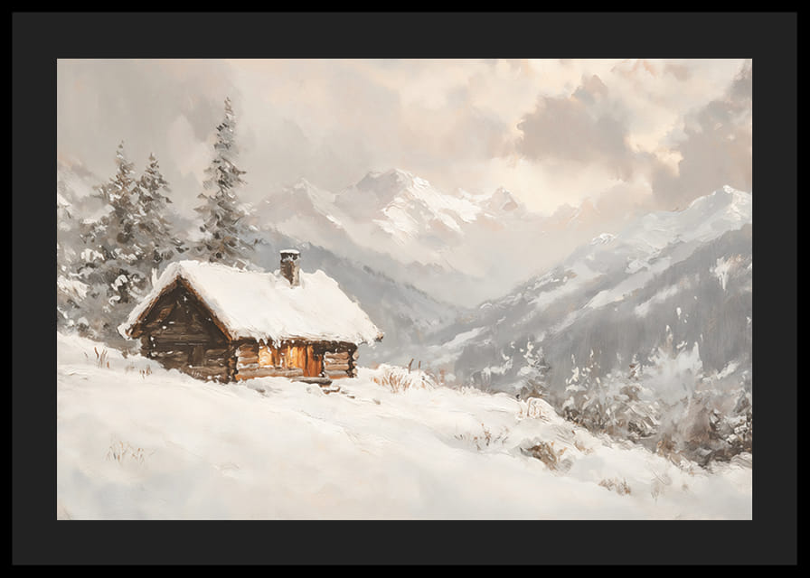 Juliste, joka vangitsee kodikkaan mökin rauhallisessa, lumen peittämässä vuoristomaisemassa-12