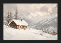 Juliste, joka vangitsee kodikkaan mökin rauhallisessa, lumen peittämässä vuoristomaisemassa-5