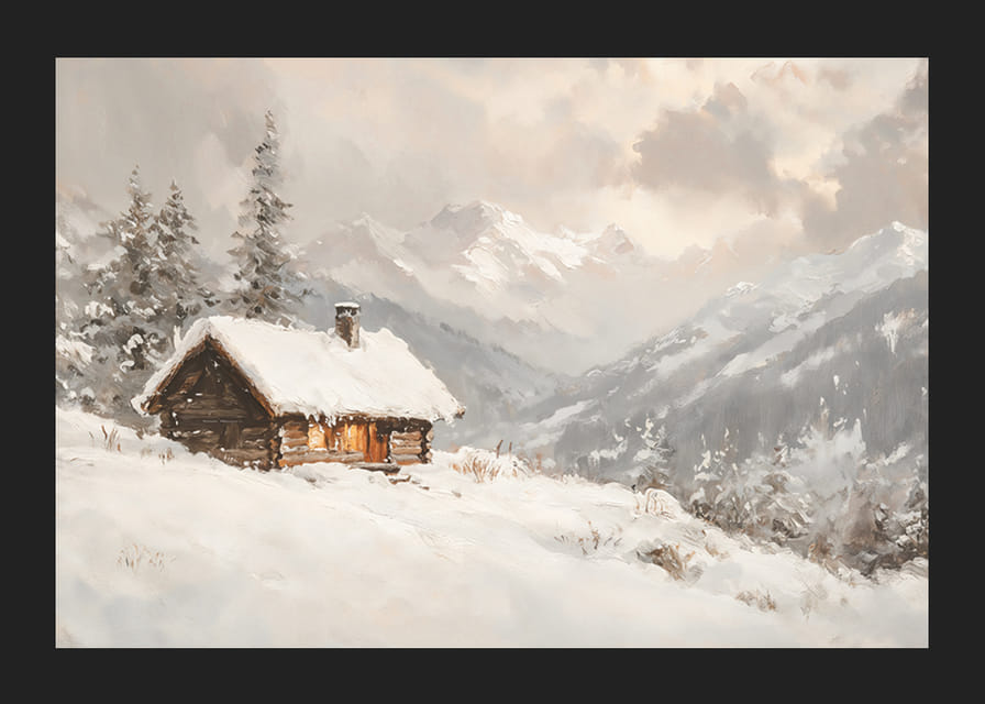 Juliste, joka vangitsee kodikkaan mökin rauhallisessa, lumen peittämässä vuoristomaisemassa-12