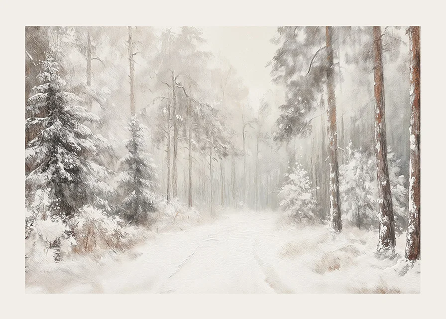 A poster that captures a still, snow-covered forest path in the silence of the winter landscape-12