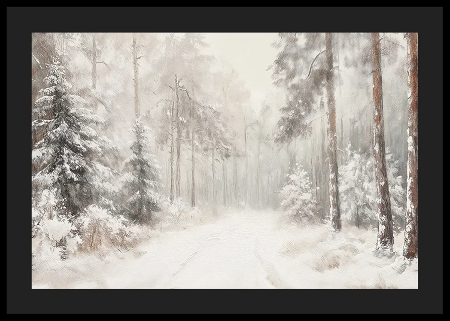 A poster that captures a still, snow-covered forest path in the silence of the winter landscape-12