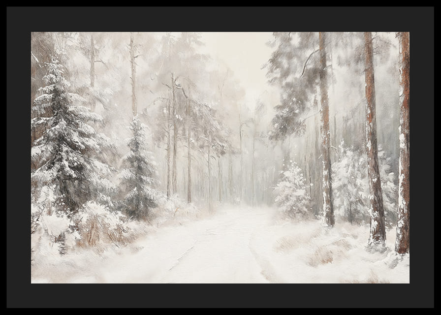 Un poster che immortala un sentiero nel bosco immobile e innevato, nel silenzio del paesaggio invernale-12