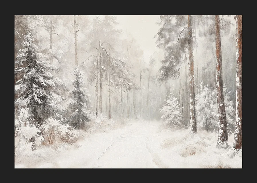 A poster that captures a still, snow-covered forest path in the silence of the winter landscape-12