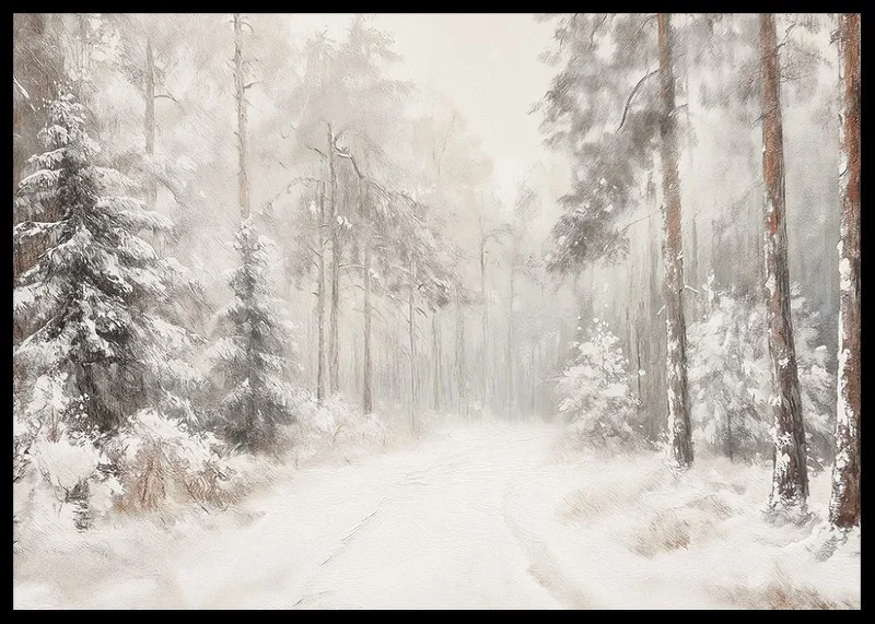 A poster that captures a still, snow-covered forest path in the silence of the winter landscape-12