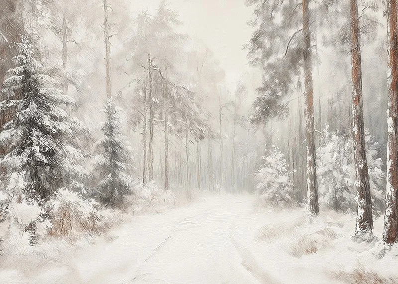A poster that captures a still, snow-covered forest path in the silence of the winter landscape-12