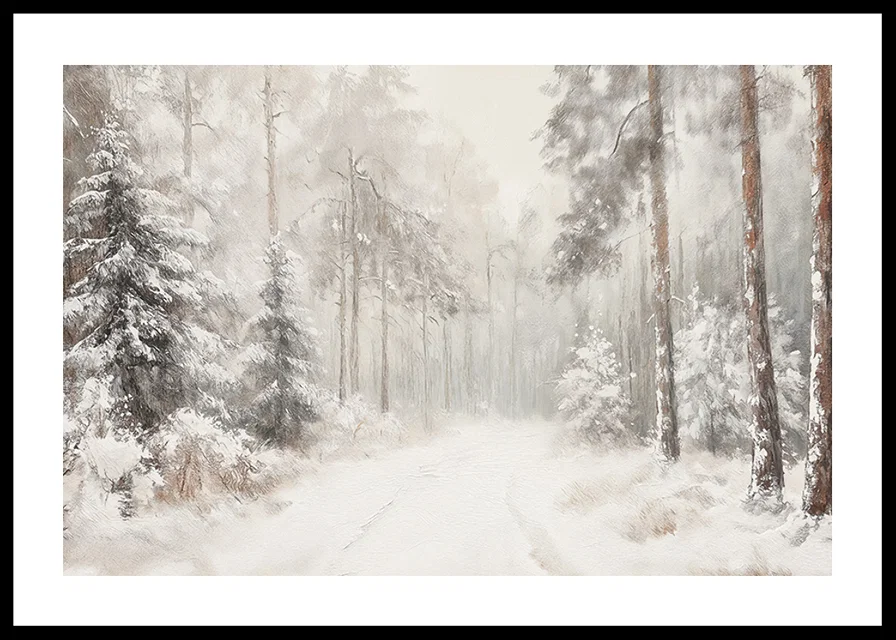 A poster that captures a still, snow-covered forest path in the silence of the winter landscape-12