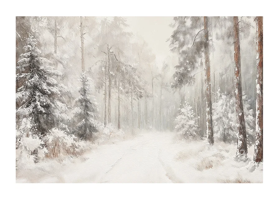 A poster that captures a still, snow-covered forest path in the silence of the winter landscape-12