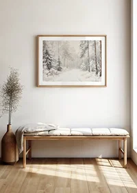 A poster that captures a still, snow-covered forest path in the silence of the winter landscape-8