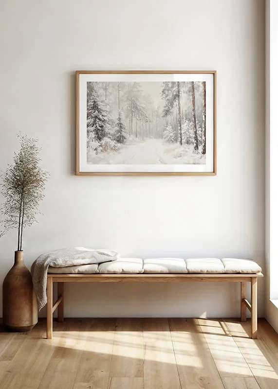 A poster that captures a still, snow-covered forest path in the silence of the winter landscape-12