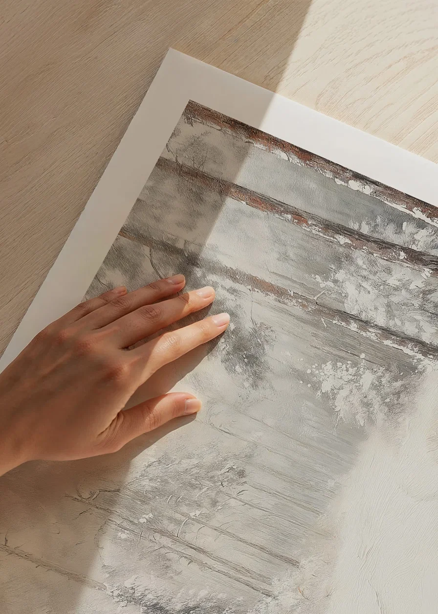A poster that captures a still, snow-covered forest path in the silence of the winter landscape-12