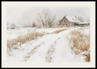 Plagát zachytávajúci pokojný zimný deň na vidieku so zasneženou farmou-2