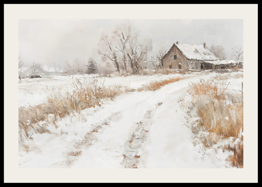 Plagát zachytávajúci pokojný zimný deň na vidieku so zasneženou farmou-12