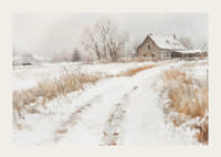 Plagát zachytávajúci pokojný zimný deň na vidieku so zasneženou farmou-3