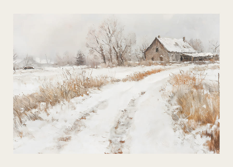 Plagát zachytávajúci pokojný zimný deň na vidieku so zasneženou farmou-12