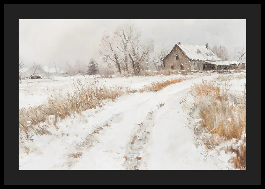 A poster capturing a peaceful winter day in the countryside with a snow covered farm-12