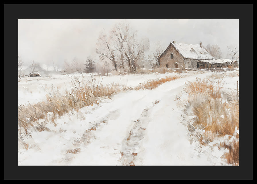 Plagát zachytávajúci pokojný zimný deň na vidieku so zasneženou farmou-12