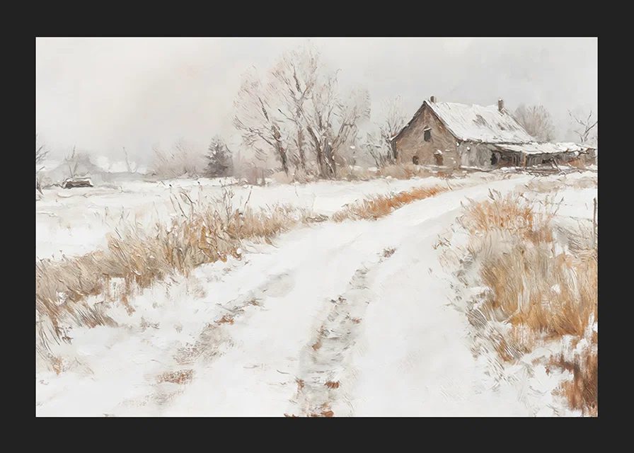 A poster capturing a peaceful winter day in the countryside with a snow covered farm-12