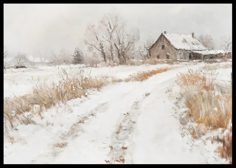 A poster capturing a peaceful winter day in the countryside with a snow covered farm-12