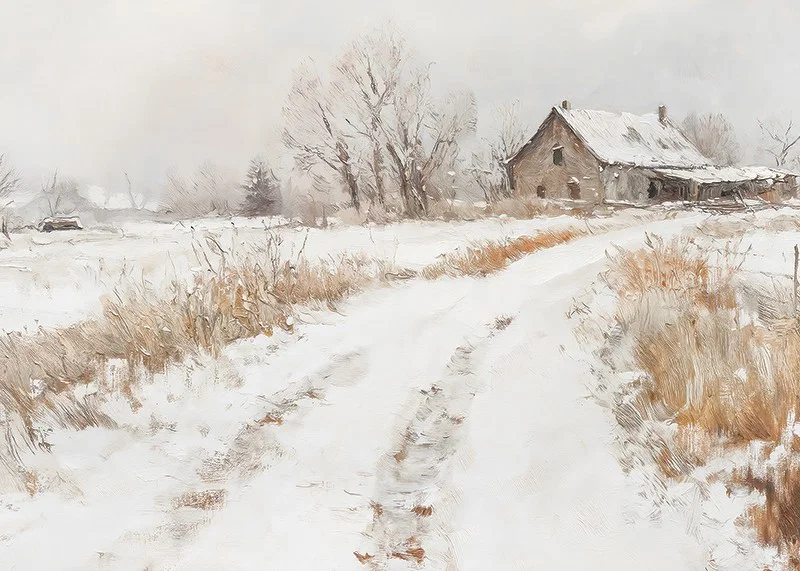 A poster capturing a peaceful winter day in the countryside with a snow covered farm-12