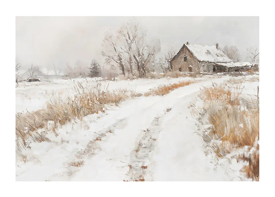 A poster capturing a peaceful winter day in the countryside with a snow covered farm-12
