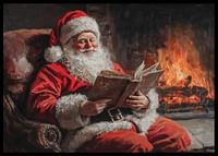 Een poster die de Kerstman vastlegt op een ontspannend moment bij het vuur-2