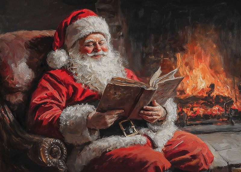 Een poster die de Kerstman vastlegt op een ontspannend moment bij het vuur-12