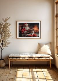 Een poster die de Kerstman vastlegt op een ontspannend moment bij het vuur-4