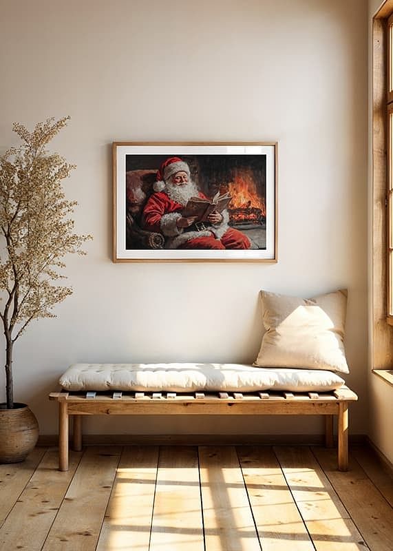 Een poster die de Kerstman vastlegt op een ontspannend moment bij het vuur-12