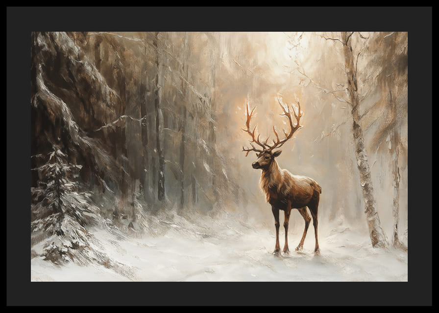 Plagát zachytávajúci osamelého jeleňa v pokojnom, zasneženom lese-12