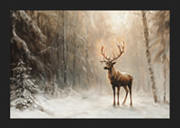 En poster som fångar en ensam hjort i en fridfull, snötäckt skog-5