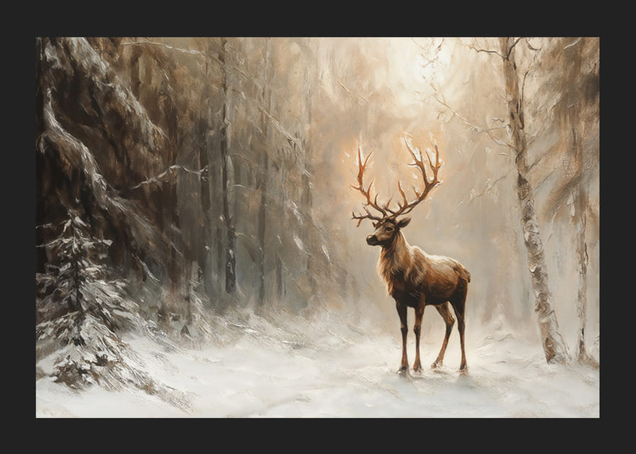 Plagát zachytávajúci osamelého jeleňa v pokojnom, zasneženom lese-12