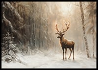 En poster som fångar en ensam hjort i en fridfull, snötäckt skog-6