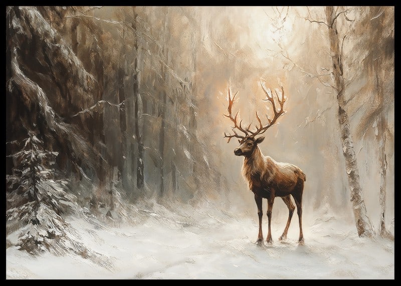 En poster som fångar en ensam hjort i en fridfull, snötäckt skog-12
