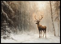 A poster capturing a lone deer in a peaceful, snow-covered forest-2