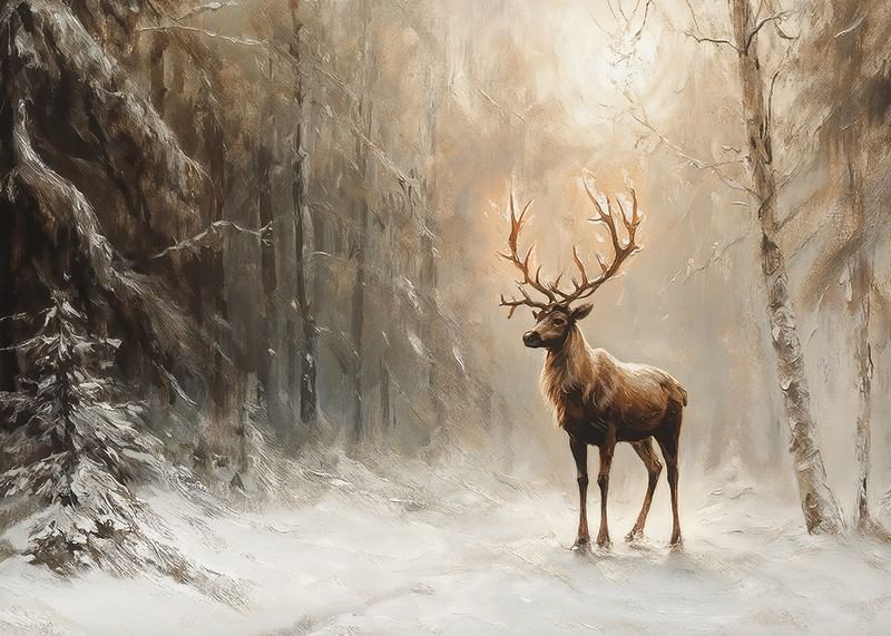 A poster capturing a lone deer in a peaceful, snow-covered forest-12