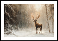 En poster som fångar en ensam hjort i en fridfull, snötäckt skog-0