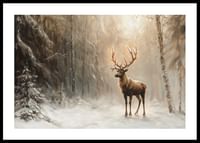 A poster capturing a lone deer in a peaceful, snow-covered forest-0