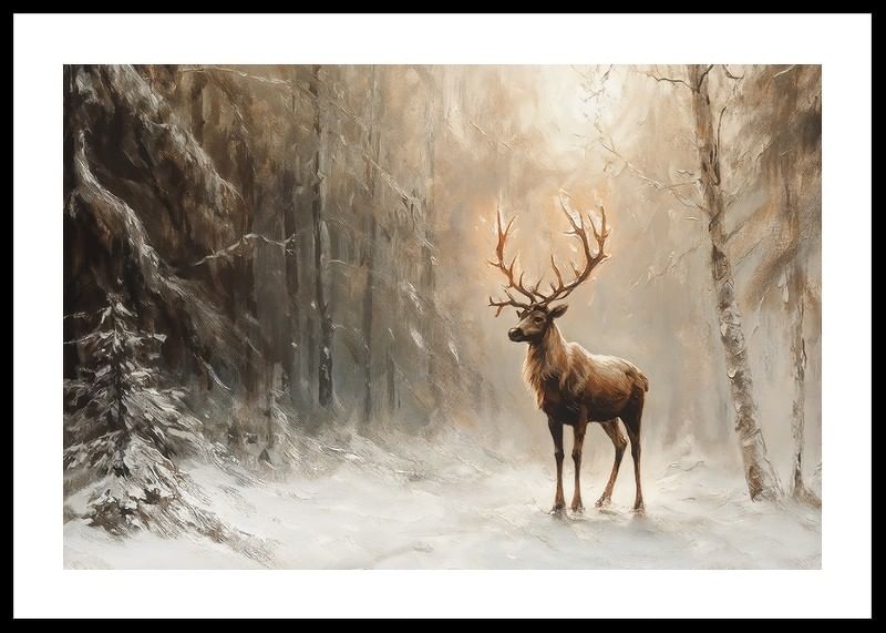 A poster capturing a lone deer in a peaceful, snow-covered forest-12