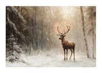 A poster capturing a lone deer in a peaceful, snow-covered forest-1