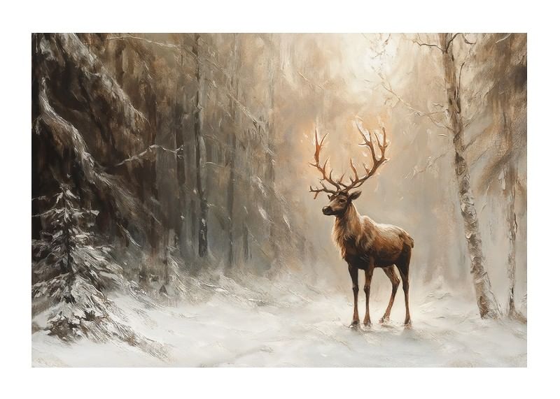 A poster capturing a lone deer in a peaceful, snow-covered forest-12